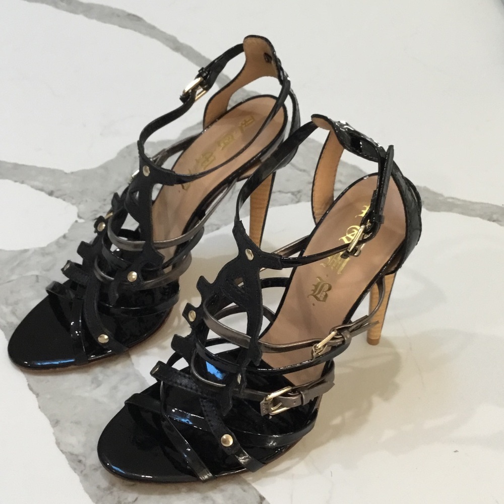 L.A.M.B. Black Strappy Heels with Gold Accents size 8